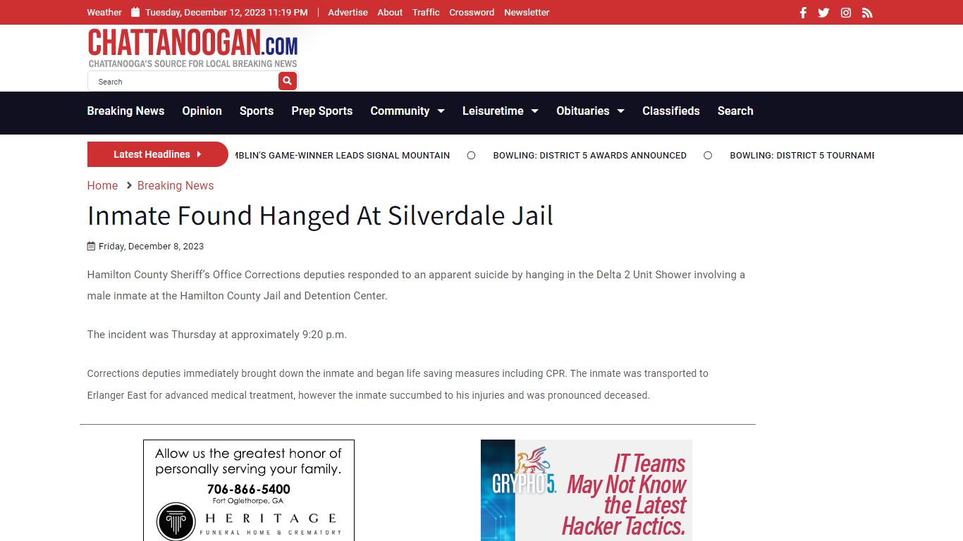 Inmate Found Hanged At Silverdale Jail - Chattanoogan.com